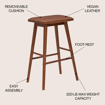 Peroni MidCentury Classic Saddle-Seat Solid Wood/Vegan Leather Backless Counter Stool with Removeable Cushion